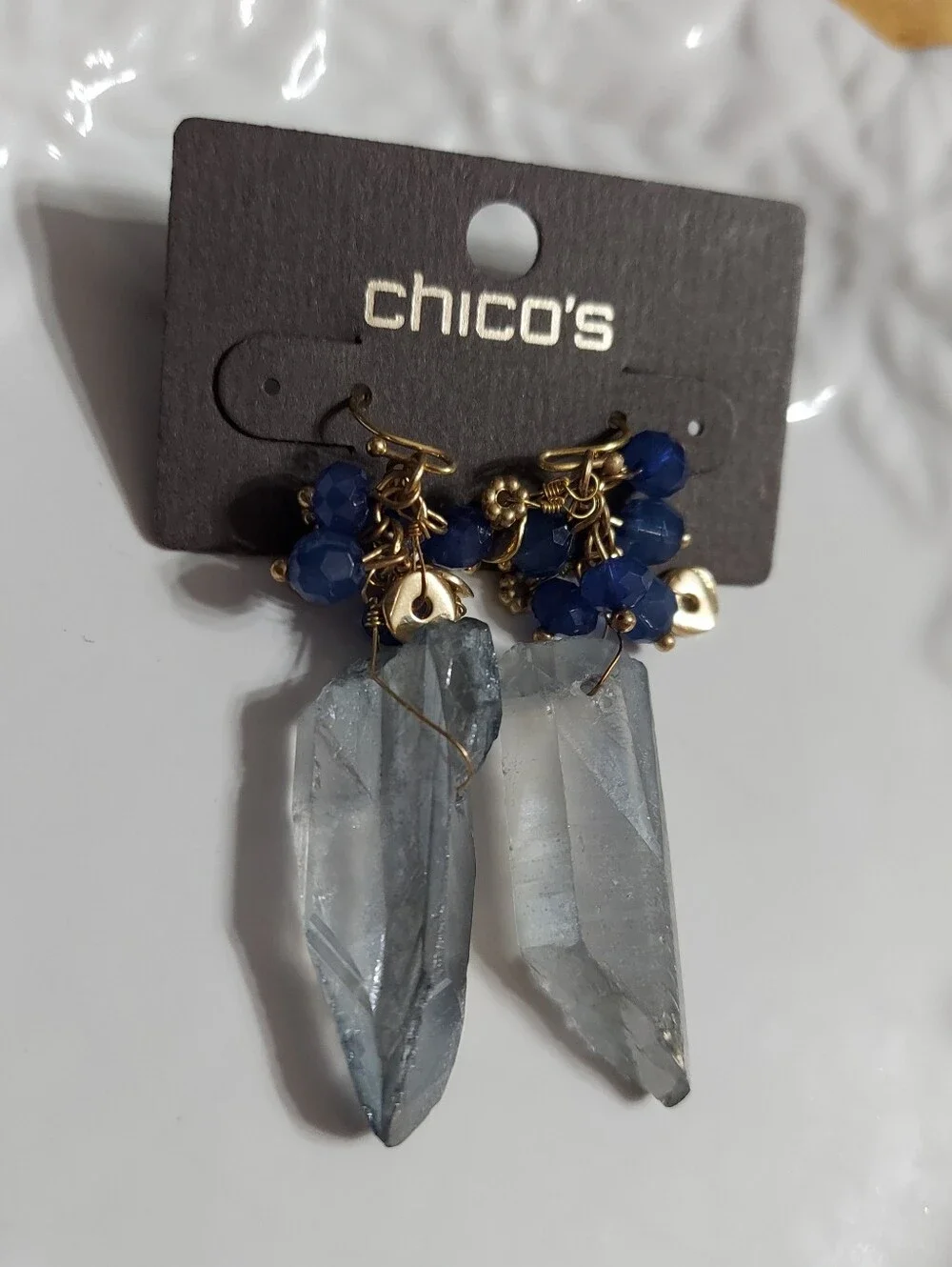 Chico's Gold Tone/'ENYA' Crystal Stone & Faceted Blue Bead Drop Earrings.